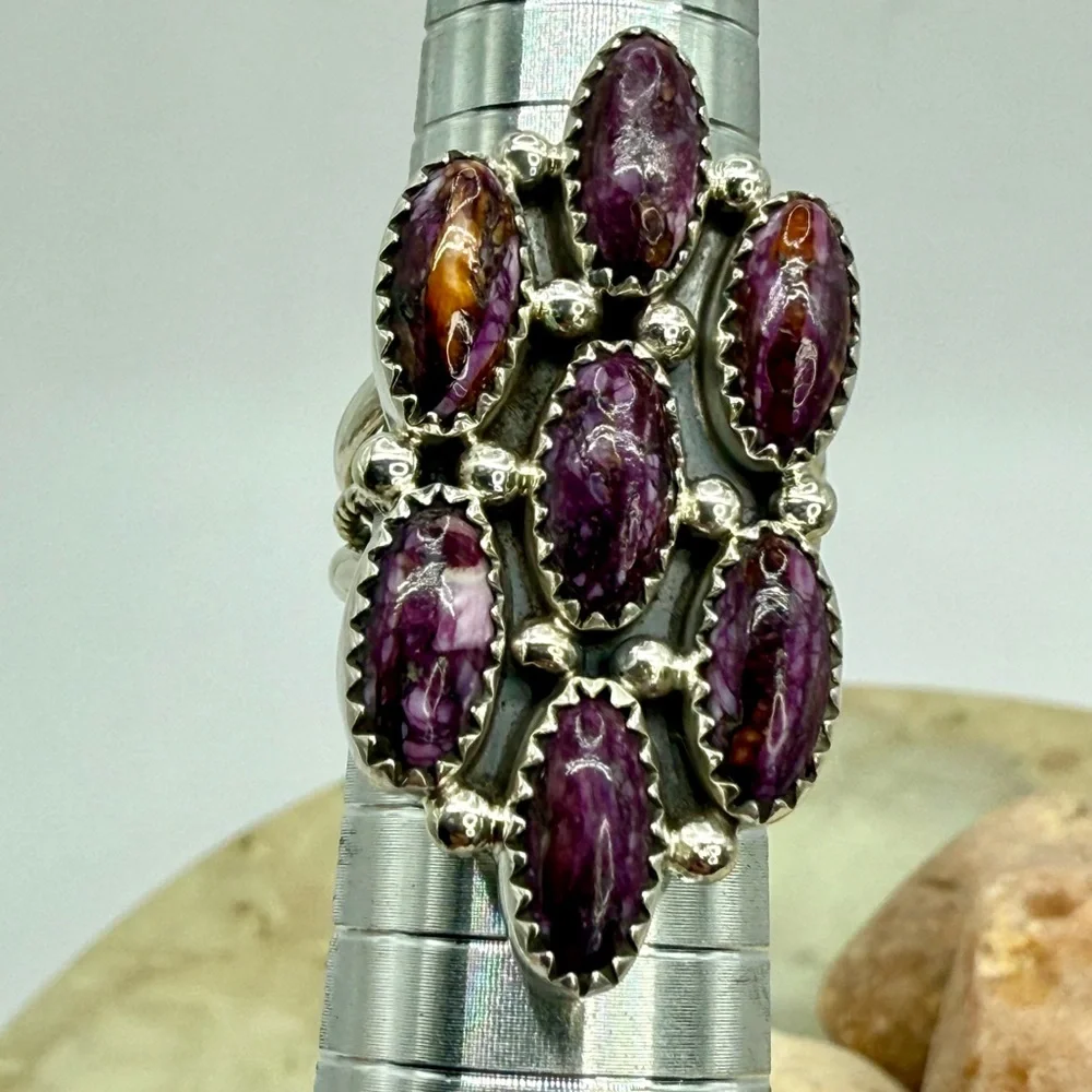 Native American Sterling Silver Purple Spiny Oyster 7-Stone Ring Roberta Begay